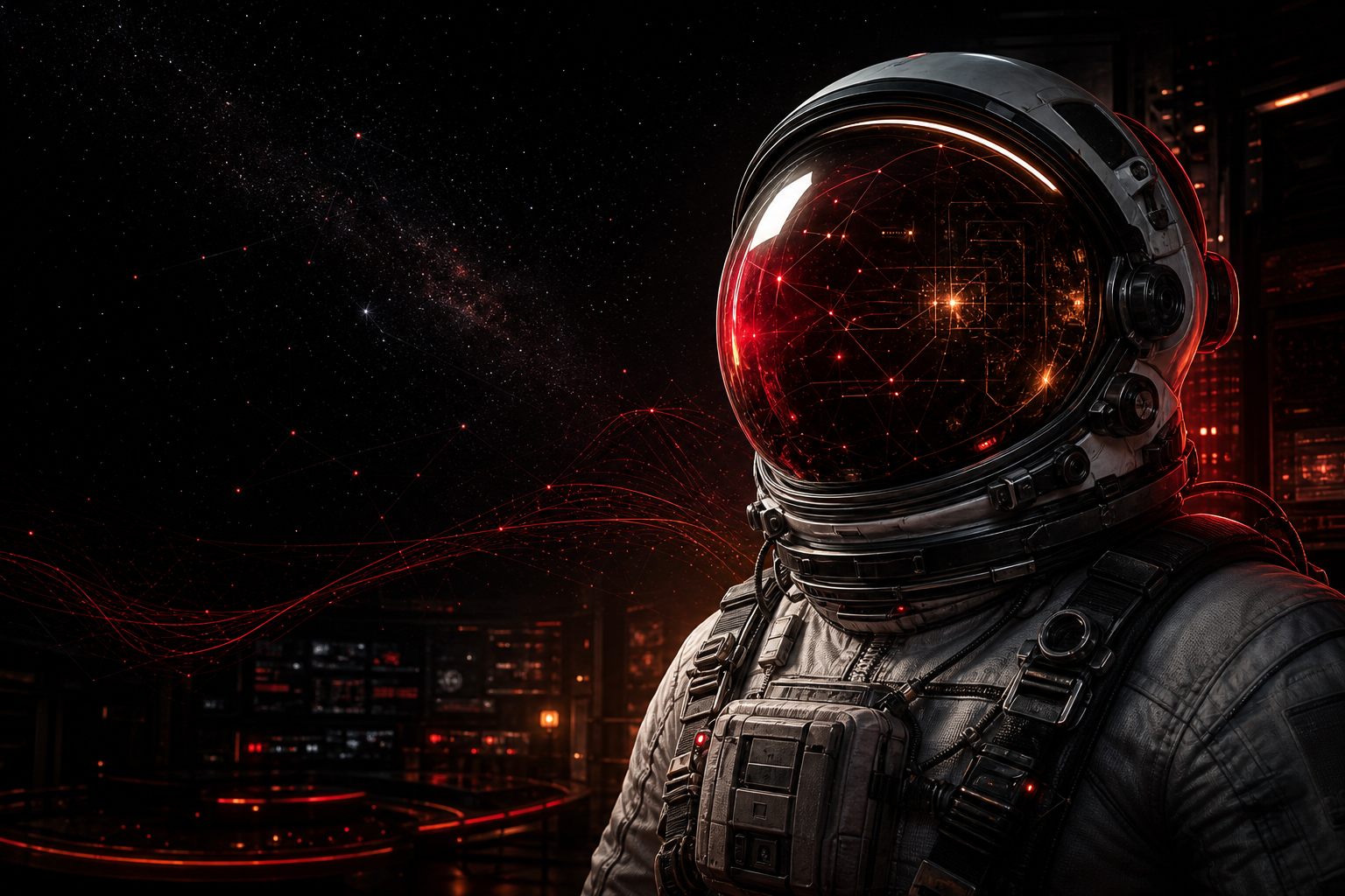 Astronauta em ambiente escuro com circuitos de IA em vermelho